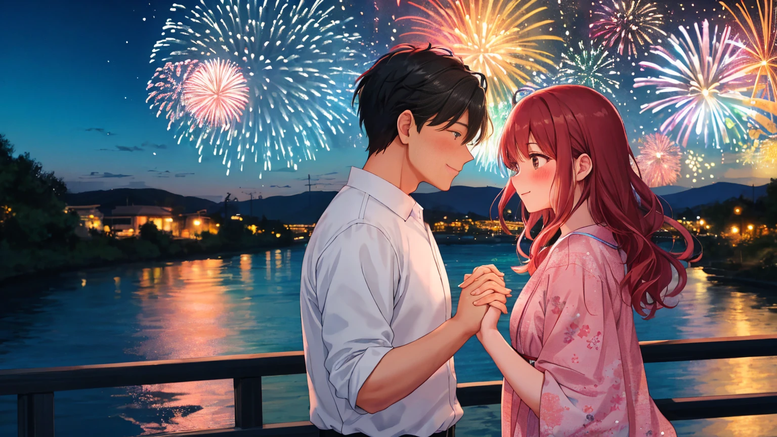 A man and woman holding hands and looking at each other with blushing cheeks, watching colorful fireworks from the riverbank.2It's a shot。It looks very fantastic when lit by the light of the fireworks. The man is tall and handsome with short black hair and is wearing a navy blue jinbei.、The woman is short and cute, with medium-long navy blue hair, and is wearing a red yukata with a floral pattern.