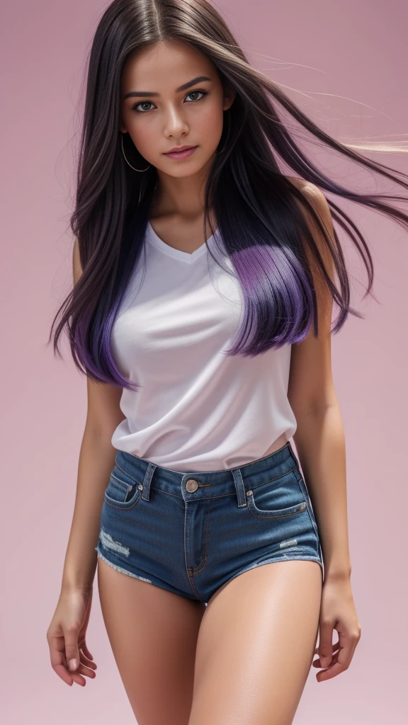 Beautiful realistic girl with blue long hair... ,..... ,Close-up of clean skin with detail ,full length,in short red and black mini shorts and a pink blouse,on a purple background,high quality 8k, high quality с высоким разрешением, Rich colors, Soft light, Super detailed photos. high quality, 8k Ultra HD, High Definition, Noise suppression, яркие Rich colors.. high quality, 8k Ultra HD, High Definition,