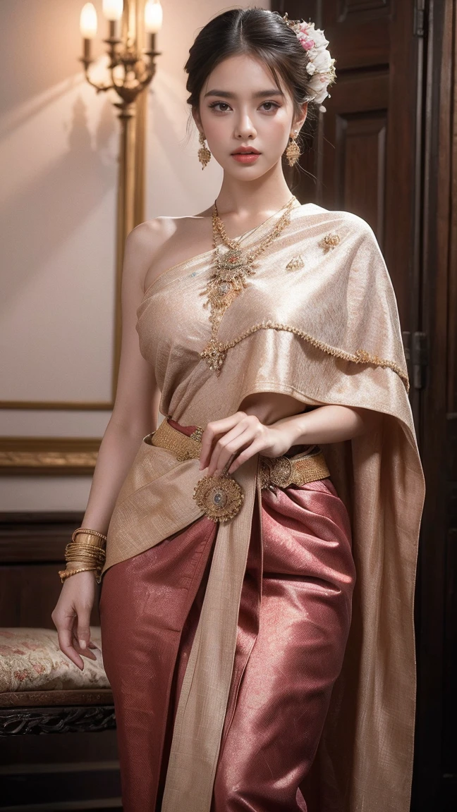 (raw photos:1.2), (realistic:1.4), (Masterpiece:1.3), (best quality:1.4), Ultra high resolution, (Detailed eyes), (Detailed facial features), (Detailed clothing features), HDR, 8K resolution, Focus only, Dressing according to Thai tradition, traditional shawl , 1 woman , Huge breasts, A gigantic rift, Big breasts push up clothes, big breast, fully grown breasts, Enhance your breasts to make them enormous., small waist, Long legs, Facing the audience, Full body, depth of field, Cinema-grade lighting, large breasts, Large breasts that cannot be covered completely
