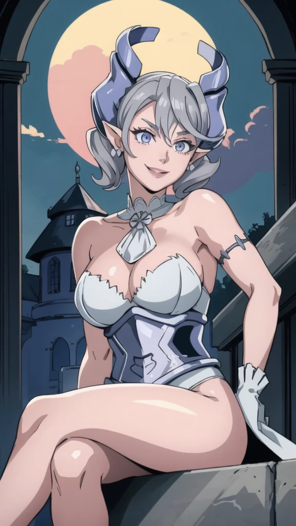 Beautiful arts wallpaper Sunset Outside castle top High level image quality best image quality 8K adult woman silver castle outside more colors whole body view portrait bikini blue horn ears short hair((shortcut)(gray hair)(perm)(fluffy)) eye color is blue , , attractive evil face , smile , heroic stance , labrynth , barearm ,gloves , wearing pink , sitting ,