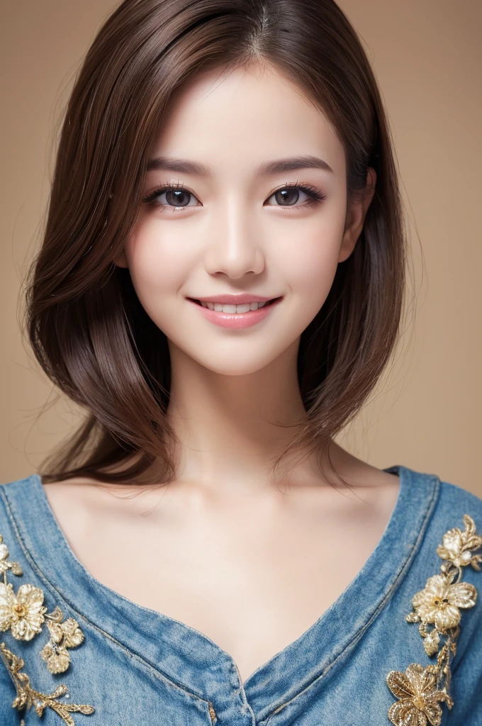 ((Highest quality, 8K, masterpiece :1.3)), One girl, smile, whole body, Slim face, Beautiful woman, (Dark brown hair)Highly detailed face, Fine grain, double eyelid, Blur the background, Slim face, 