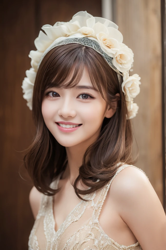 ((Highest quality, 8K, masterpiece :1.3)), One girl, smile, whole body, Slim face, Beautiful woman, (Dark brown hair)Highly detailed face, Fine grain, double eyelid, Blur the background, Slim face,