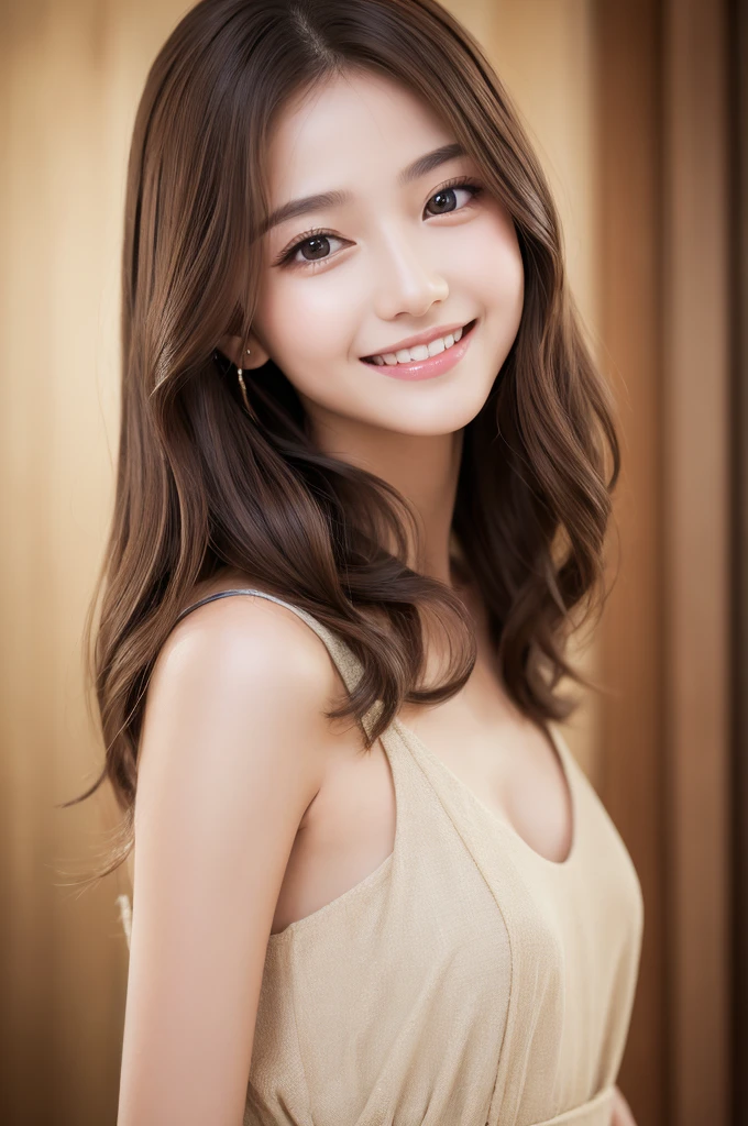 ((top-quality、8K、​masterpiece:1.3))、20 years girl、Slim Abs Beauty:1.3、(Hairstyles Brown Hair Shortcuts、Colossal tits)、doress:1.1、Super fine face、Delicat eyes、二重まぶた、A smile with shame、Luxury Hotel Bets、Raw photo、Provocative very sexy poses