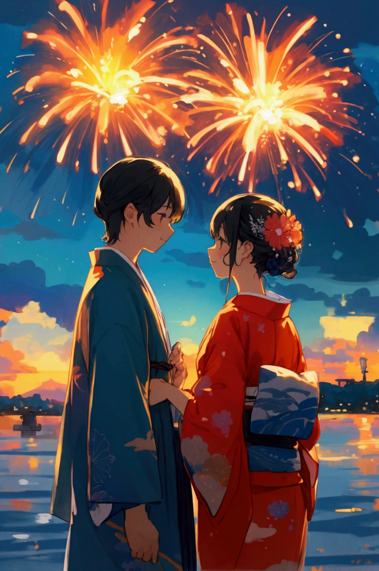 , 最high quality,very cute, ,very happy,Attention to detail, high quality, masterpiece, Accurate, Super detailed,Ultra-precision illustration, High resolution, Ultra-precision illustration, High resolution, Beautiful details, 8K, high quality, Japanese summer night fireworks festival, Colorful illustration , Yukata first date, Two men and women、The illustrations are delicate and carefully drawn., Beautiful summer, Background watercolor, Artistic and contemporary illustrations, Delicate and elegant watercolors and rich colors.