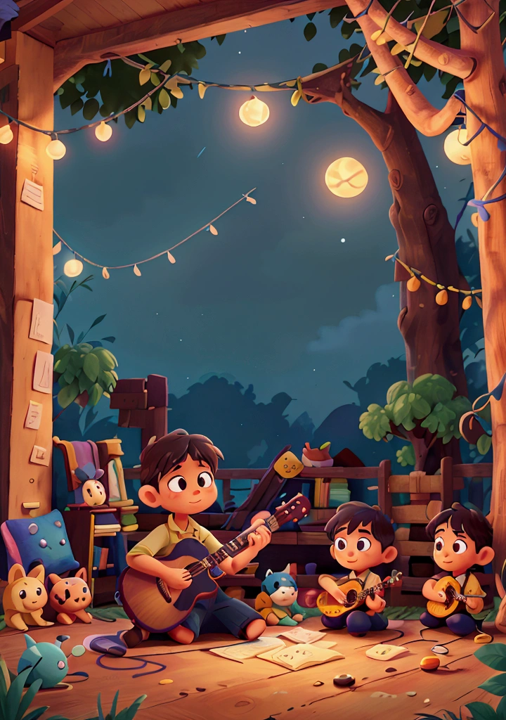 Strings of a guitar being played softly, in a peaceful nighttime setting. Children's illustration