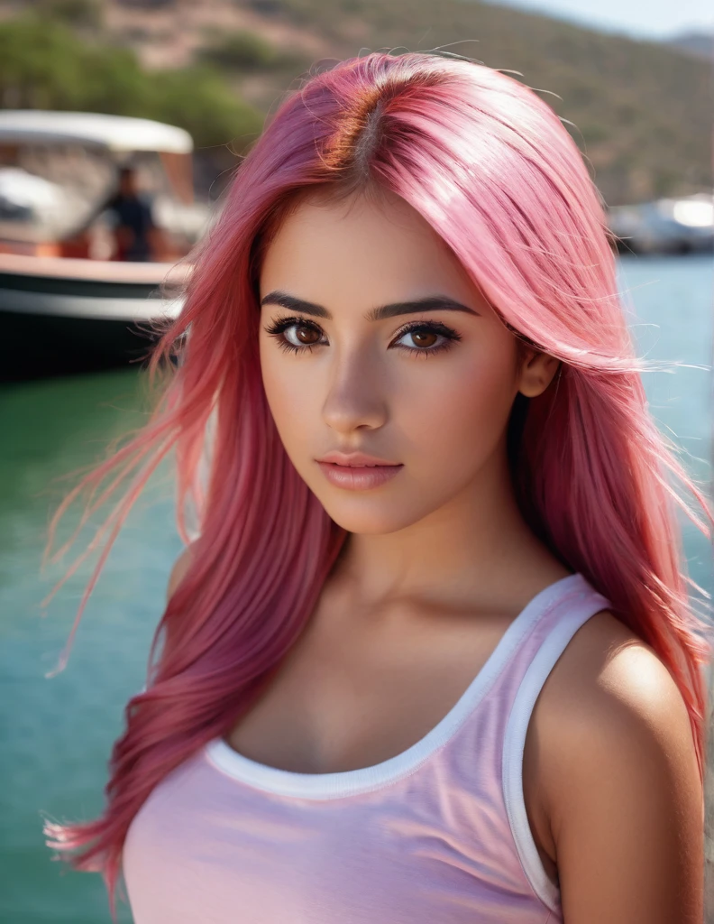 A photorealistic of a 21-year-old mexican girl sexy with long, flowing pink hair and striking dark eyes. She should have a natural, approachable expression and be illuminated by soft, The background should be a scenic outdoor setting, boat. Capture this image with a high-resolution photograph using an 85mm lens for a flattering perspective.