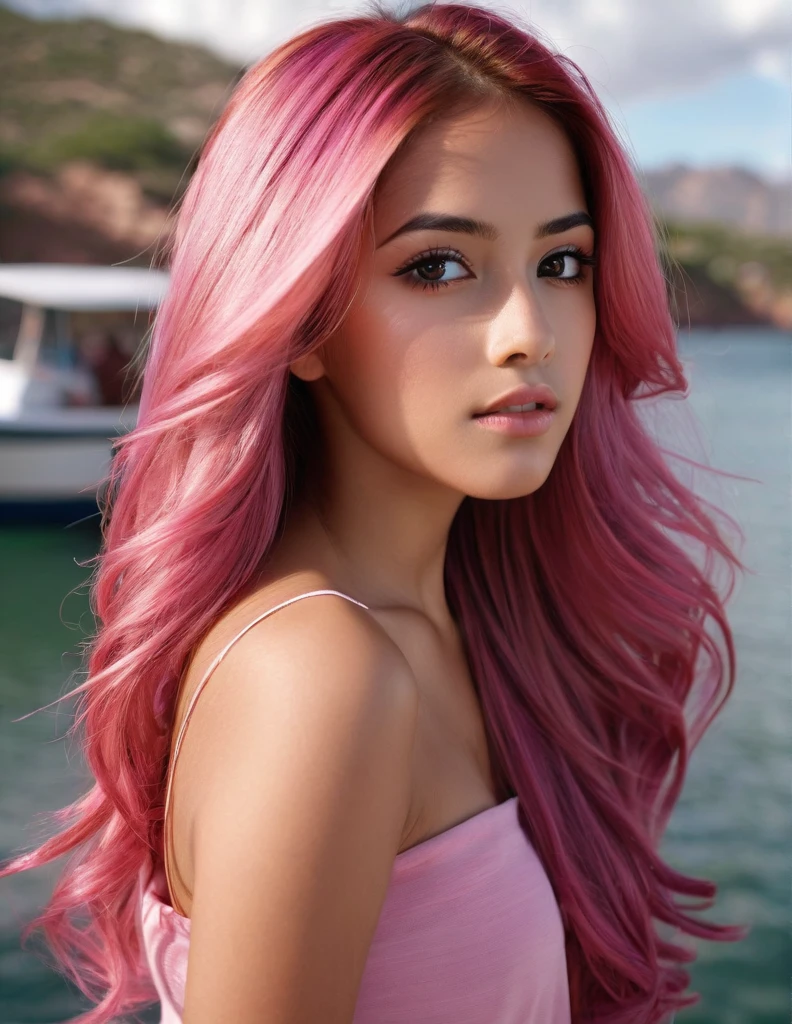 A photorealistic of a 21-year-old mexican girl sexy with long, flowing pink hair and striking dark eyes. She should have a natural, approachable expression and be illuminated by soft, The background should be a scenic outdoor setting, boat. Capture this image with a high-resolution photograph using an 85mm lens for a flattering perspective.