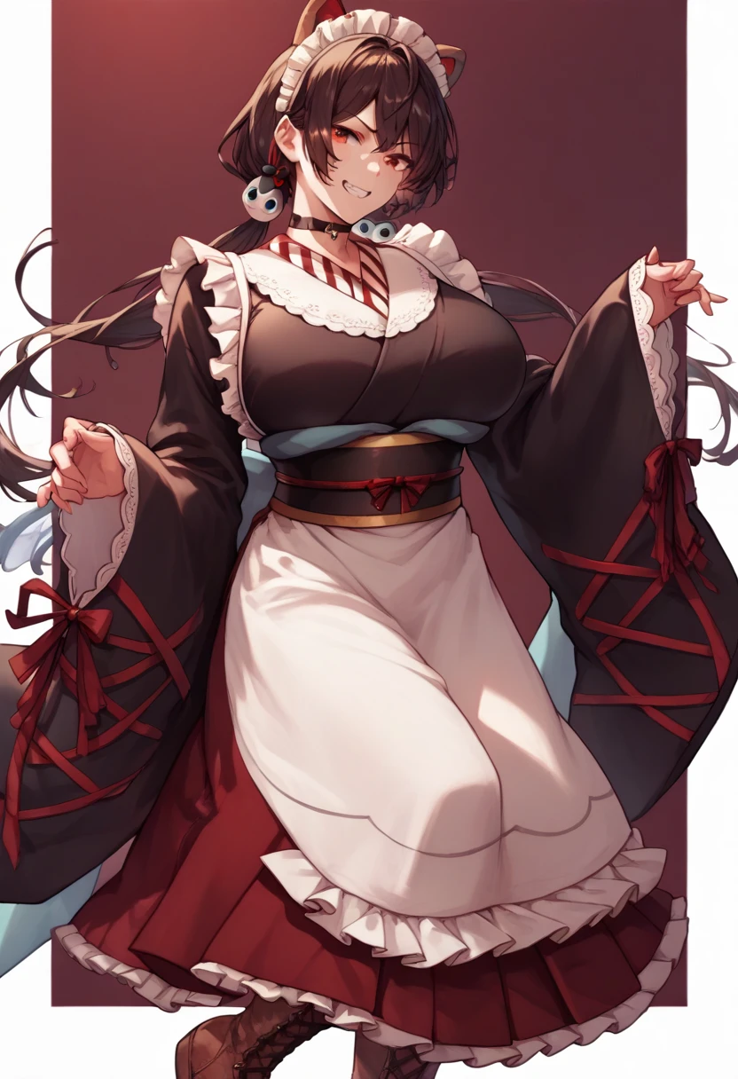 choker, maid headdress, black kimono, wide sleeves, frills, obi, white apron, sleeves past wrists, skirt, red skirt, brown footwear, cross-laced footwear、Huge breasts、Grin