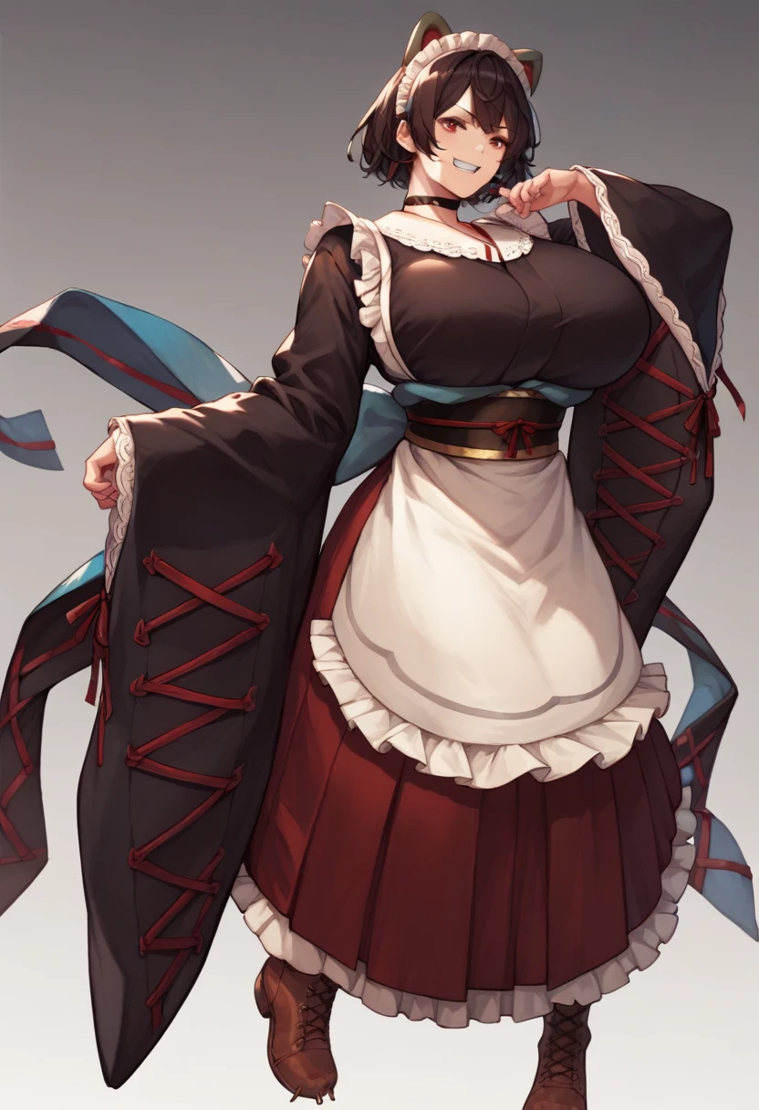 choker, maid headdress, black kimono, wide sleeves, frills, obi, white apron, sleeves past wrists, skirt, red skirt, brown footwear, cross-laced footwear、Huge breasts、Grin