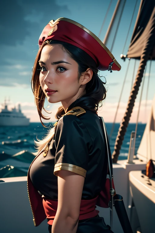 Highest quality), (High detail), (Vibrant colors), (close), (One girl), A beautiful female pirate captain sailing the high seas, High resolution, 4K,