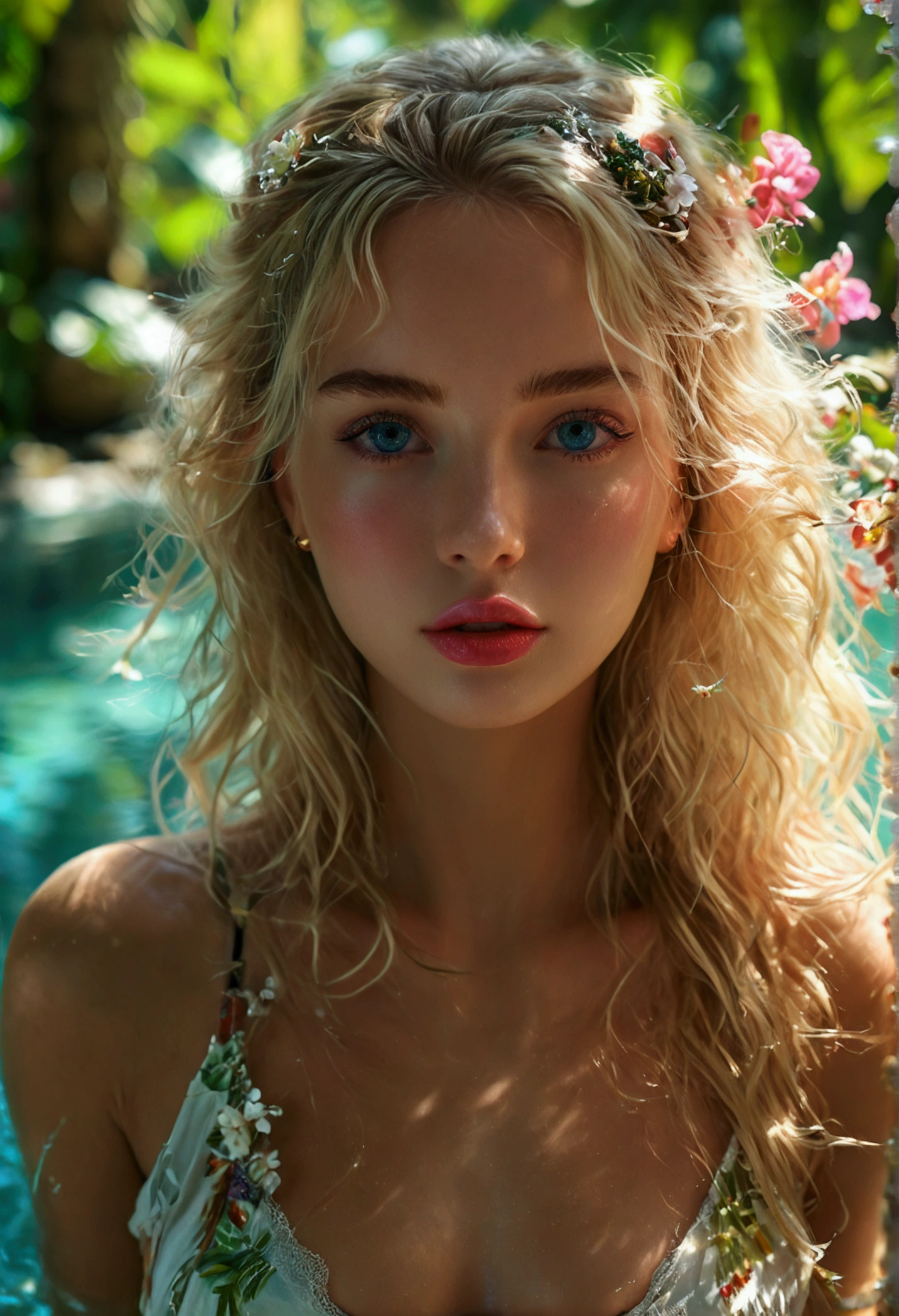 ((masterpiece, highest quality, Highest image quality, High resolution, photorealistic, Raw photo, 8K, detailed, realism, realistic, detailed face, details, entire body)) european girl, blonde girl, naked, adorable, cute, kawai, slender, natural lips,, at the beach, tiny breast, small ass, dramatic lighting, in the sea, vagina, hairy pussy