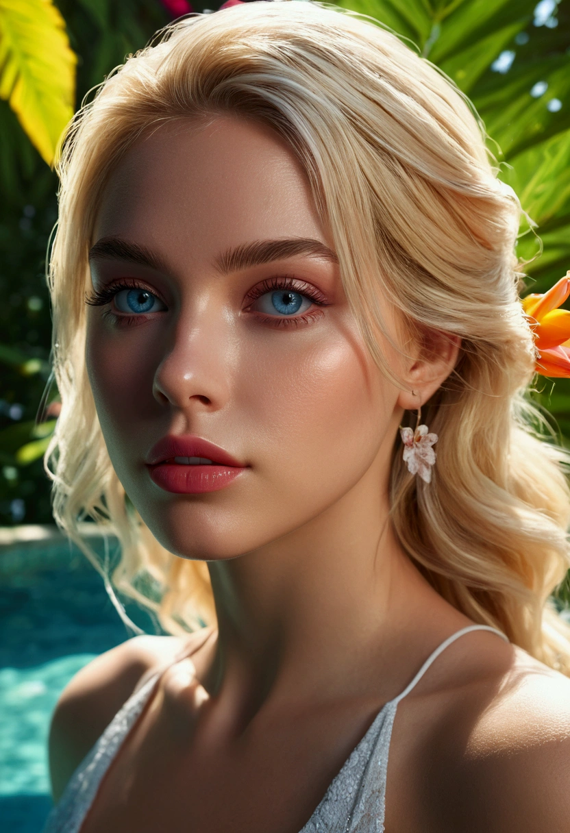 (best quality,4k,8k,highres,masterpiece:1.2),ultra-detailed,realistic, Captured from front, bright colors, vibrant tones, blonde girl, detailed eyes,detailed lips,long eyelashes,sexy,posing confidently,front view, tropical paradise, lush garden, natural pool, blooming flowers, crystal clear water,scenic beauty,sunlight filtering through the trees, tranquil atmosphere,serene ambiance