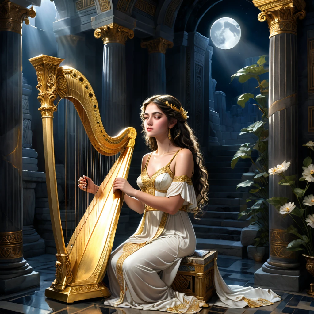 (best quality,ultra-detailed,realistic:1.37), humor, comic style, bold lines,a young priestess, sitting, she places a harp larger than herself in front of him and plays it, playing a large lyre, ancient Greek temple, late at night, inside the temple it is (dark:1.3) and there is (no lighting:1.2), the moonlight shines in at an angle, shining a faint light on her., highly detailed, photorealistic, realistic lighting, intricate architecture, ornate decorations, cool color palette, golden accents, soft fabric textures, mesmerizing expression, elegant pose, cinematic composition, natural lighting, realistic shadows, mystical atmosphere, hyperrealistic, award-winning art