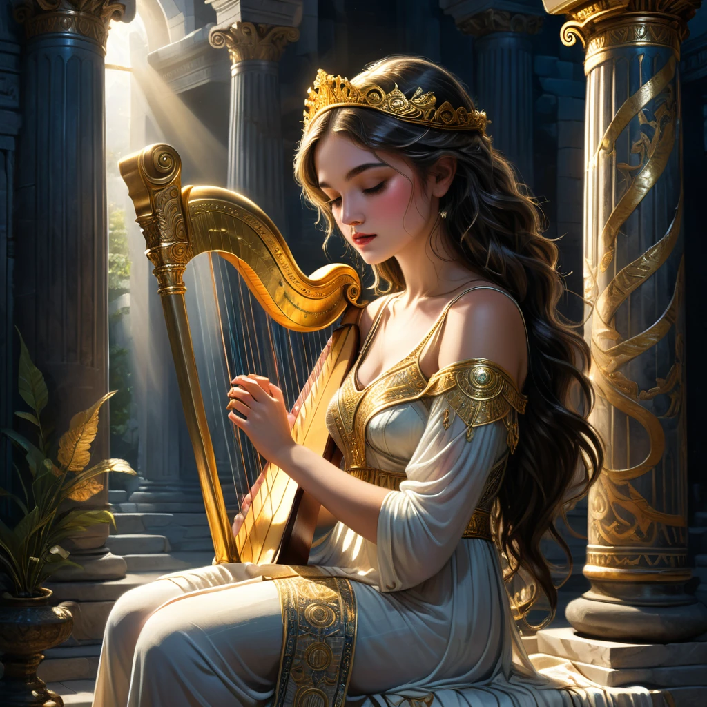 (best quality,ultra-detailed,realistic:1.37), humor, comic style, bold lines,a young priestess, sitting, she places a harp larger than herself in front of him and plays it, playing a large lyre, ancient Greek temple, late at night, inside the temple it is (dark:1.3) and there is (no lighting:1.2), the moonlight shines in at an angle, shining a faint light on her., highly detailed, photorealistic, realistic lighting, intricate architecture, ornate decorations, cool color palette, golden accents, soft fabric textures, mesmerizing expression, elegant pose, cinematic composition, natural lighting, realistic shadows, mystical atmosphere, hyperrealistic, award-winning art