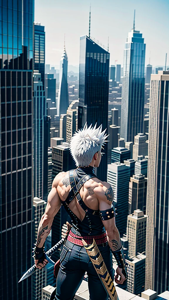 Create an image featuring a character with spiky white hair and on their arm, standing on the edge of a skyscraper, looking out over a cityscape where large fantastical creatures roam among the buildings.katana back .