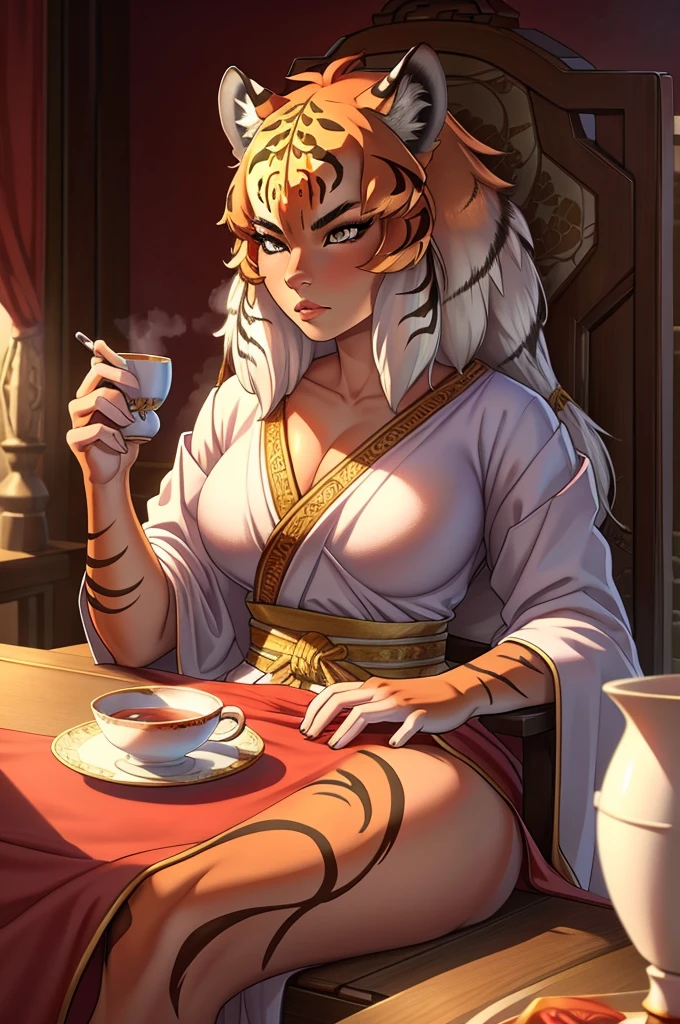 anthropomorphic furry woman, extremely detailed, best quality, photorealistic, hyperrealistic, high resolution, 8k, masterpiece, 3d, digital art, highly detailed facial features, beautiful detailed eyes, beautiful detailed lips, extremely detailed face, long eyelashes, fur textures, intricate fur patterns, chinese traditional clothing, flowing , serious expression, solo figure, cinematic lighting, dramatic shadows, vibrant colors, fantasy, surreal, tiger girl, cup of tea, relaxing, cookies, sitting in chair