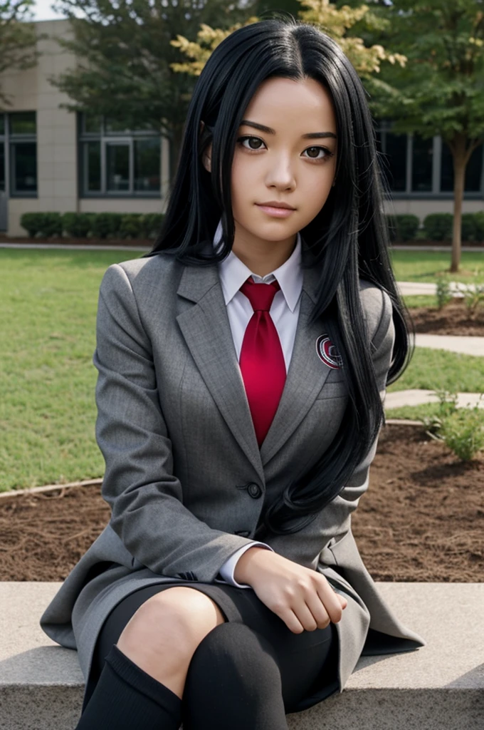 Screenshot of boku no hero academia , woman with long black hair, with gray eyes,with the UA uniform , gray coat with red tie , sitting in the school garden