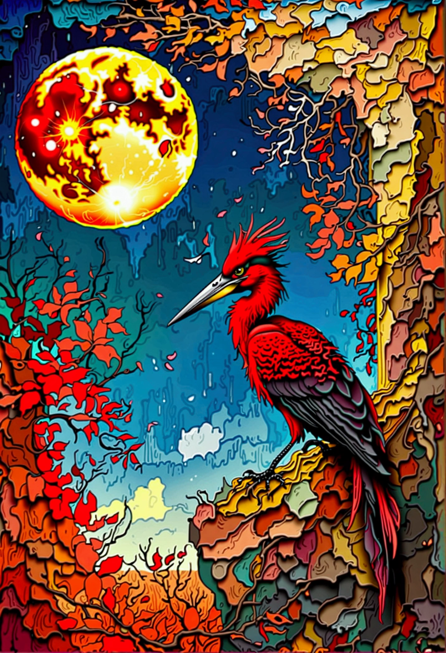 Mythical creatures, author：Zdzislaw Beksiński and Vincent van Gogh, Red moon and big eyeucha