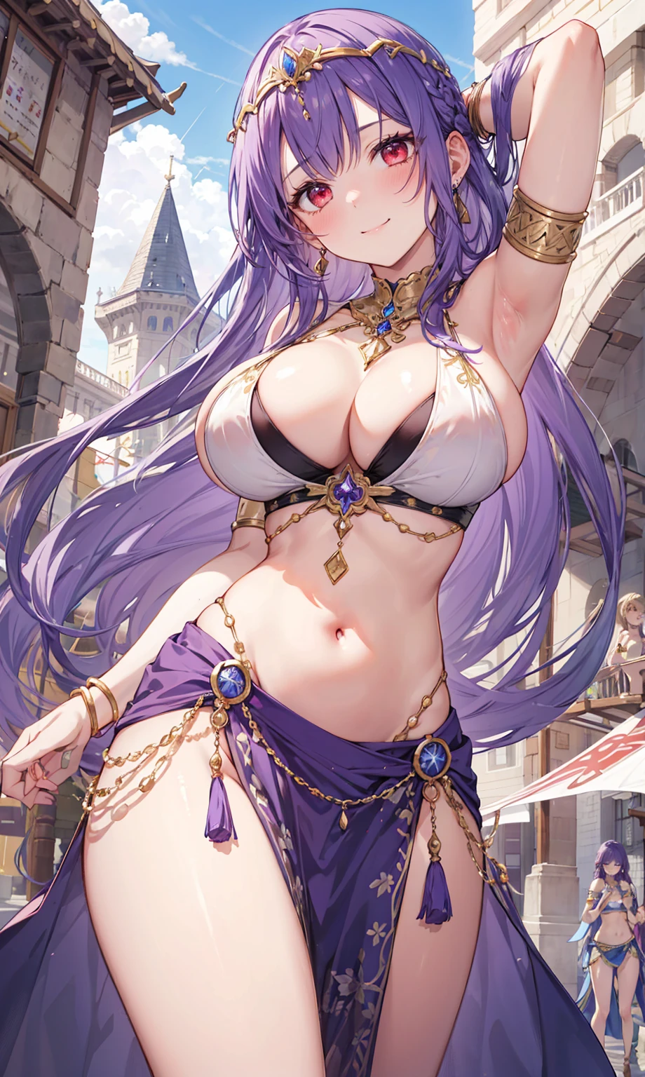 high quality, ultra detailed, best quality, insanely detailed, beautiful, masterpiece, 1girl, medieval plaza, cowboy shot, red eyes, long hair, purple hair, belly dancer, circlet, earrings, armlets, bracelets, bashful smile, large breasts, cleavage, soft stomach