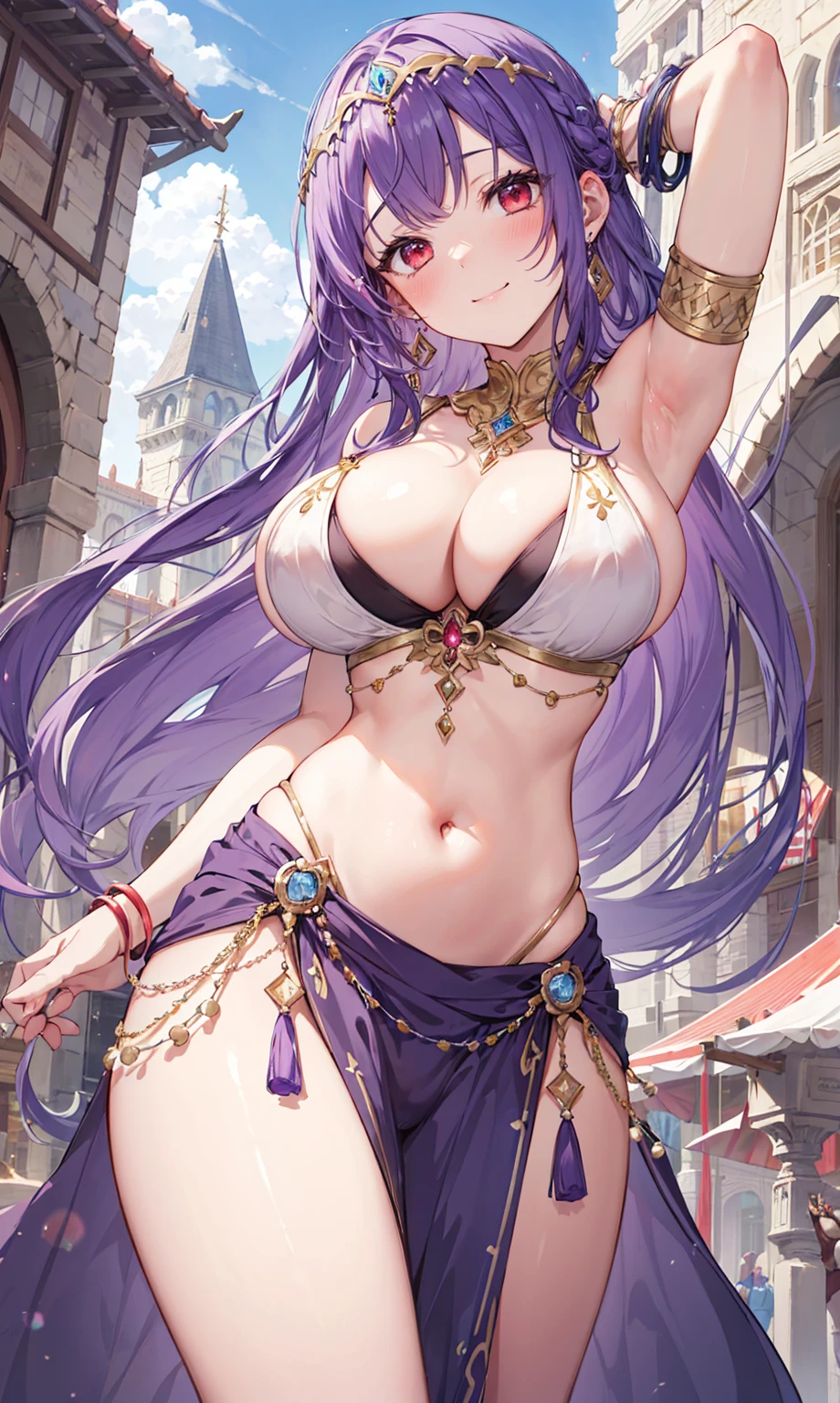 high quality, ultra detailed, best quality, insanely detailed, beautiful, masterpiece, 1girl, medieval plaza, cowboy shot, red eyes, long hair, purple hair, belly dancer, circlet, earrings, armlets, bracelets, bashful smile, large breasts, cleavage, soft stomach