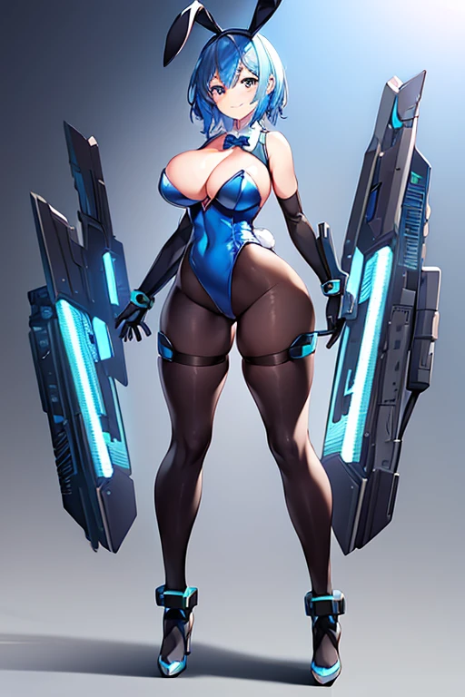 1girl, blue hair, large breasts, bunny ears, rabbit ears, wide hips, bodysuit, black bodysuit, short hair, very short hair, science-fiction, tech, futuristic, machinery, full body, ((full body)), smile, light smile