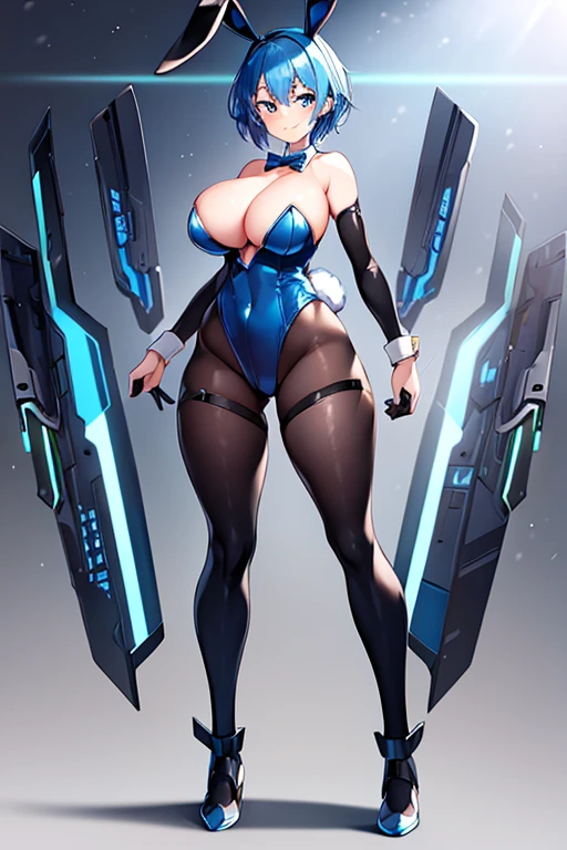 1girl, blue hair, large breasts, bunny ears, rabbit ears, wide hips, bodysuit, black bodysuit, short hair, very short hair, science-fiction, tech, futuristic, machinery, full body, ((full body)), smile, light smile