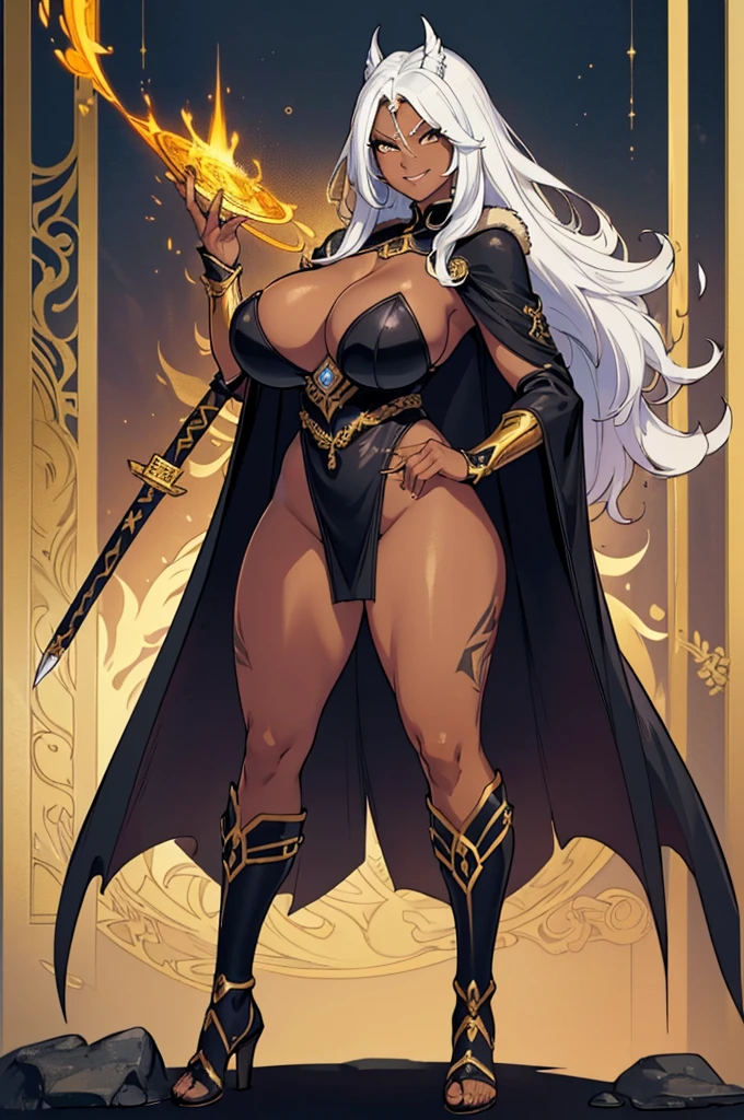 (masterpiece, best quality, high resolution, ((full body, standing,))((huge breasts )) woman, an Asian magical fantasy warrior, golden full body magical warrior costume, fur cape, huge golden katana in her hands,, very long black and white hair, evil smile,,((dark skin)), ((full body))