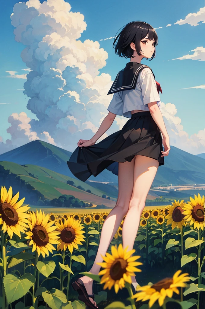 ((Highest quality)), ((masterpiece)), (detailed), One girl,Black Hair，short hair，Sailor suit，blue sky，cumulonimbus，Back view，Gazing into the distance、Japanese countryside、A slope with a view of the sea、Anime Style