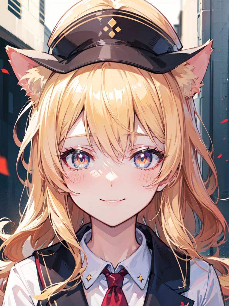 hair over shoulder, wavy hair, hair strand, shiny hair, blonde hair, eye reflection, glowing eyes, slit pupils, amber eyes, cat ears, smile, blush, glint, happy, anime, anime style, En plein air, high detail, cinematic lighting, ray tracing, reflection light, masterpiece, accurate, anatomically correct, super detail, high details, high quality, best quality, highres, 4K
