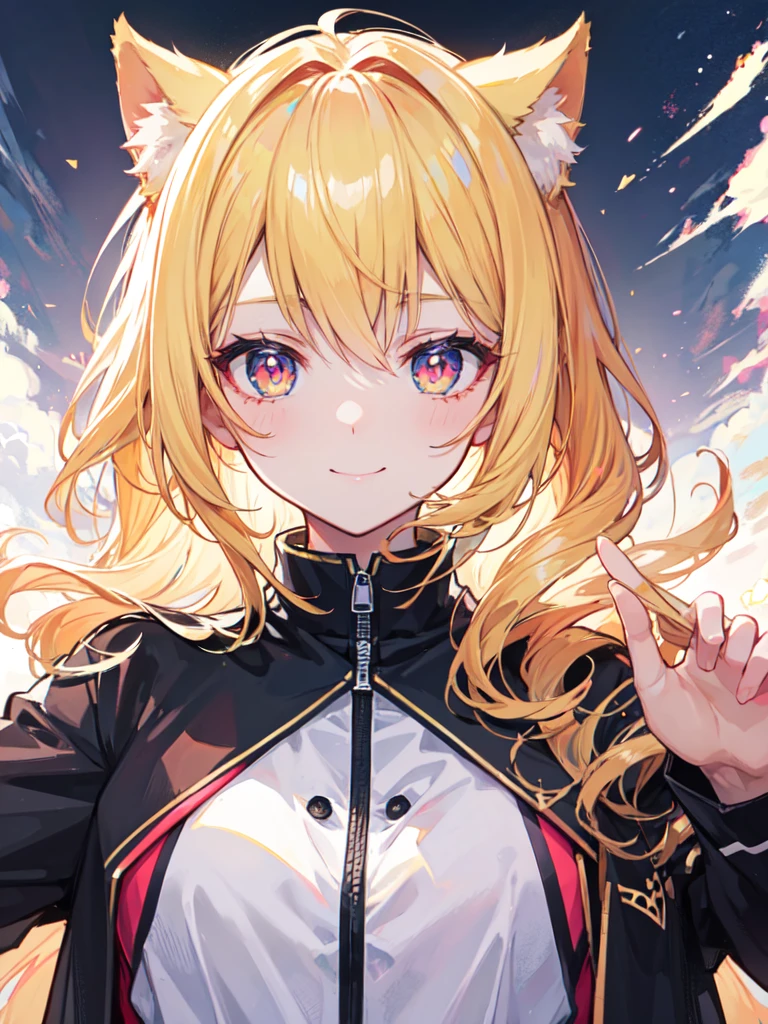 hair over shoulder, wavy hair, hair strand, shiny hair, blonde hair, eye reflection, glowing eyes, slit pupils, amber eyes, cat ears, smile, blush, glint, happy, anime, anime style, En plein air, high detail, cinematic lighting, ray tracing, reflection light, masterpiece, accurate, anatomically correct, super detail, high details, high quality, best quality, highres, 4K
