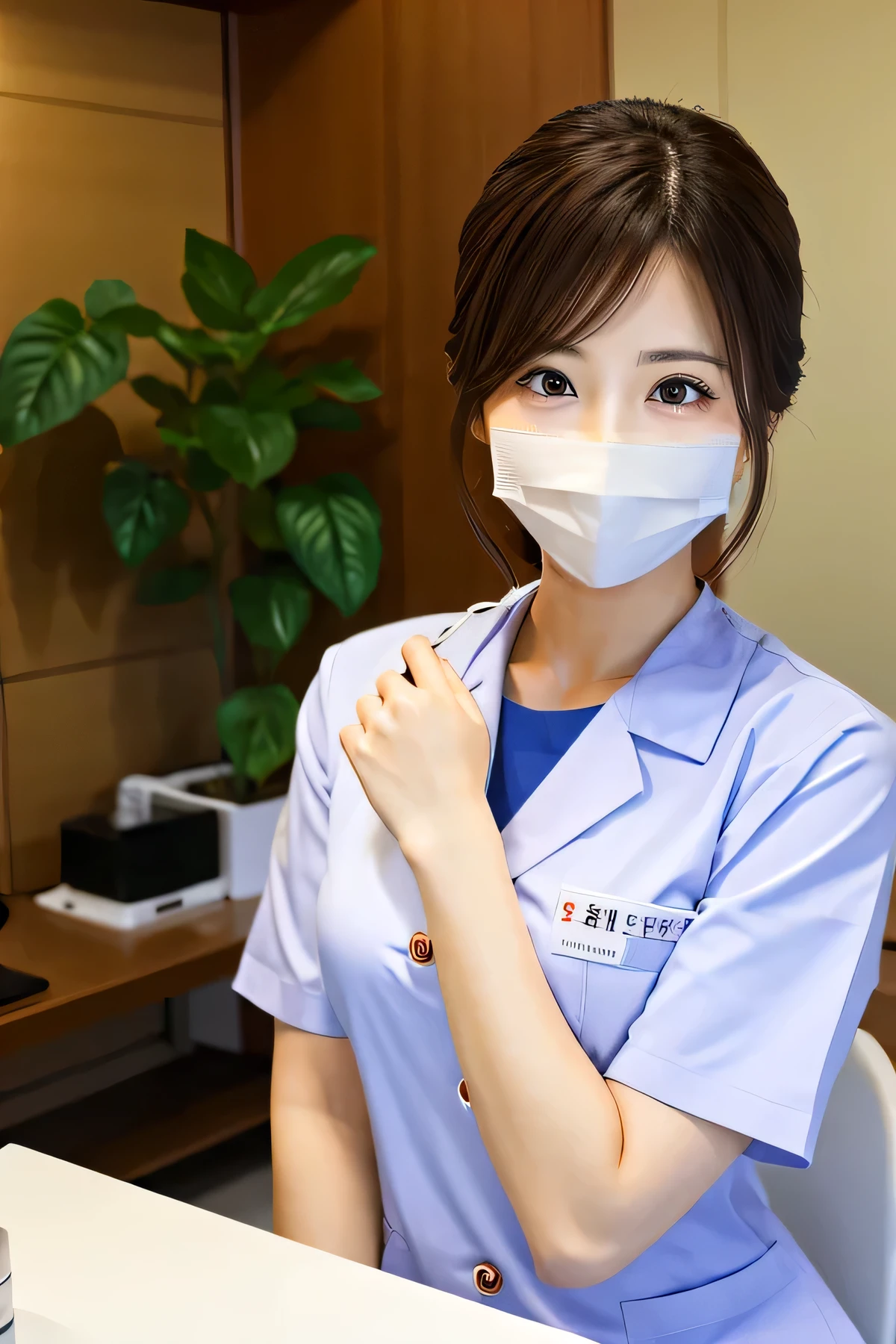 best quality, masterpiece, ultra high res, 8K, raw, (photo realistic:1.4), professional lighting, sharp focus, 1 girl, (detailed background:1.5), (dental clinic, desk, chair:1.3), full body, slender, cute, 24yo, smile, tiny breasts, short ponytail, hospital receptionist, (pastel white nurse uniform;1.3), white mouth mask