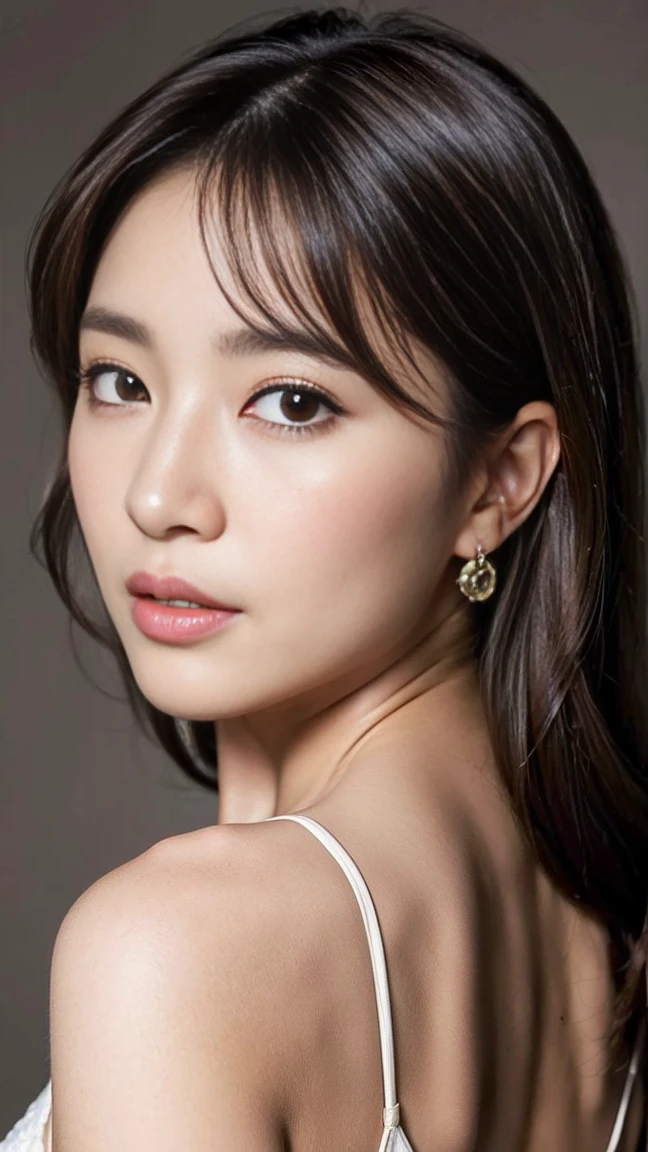 Dark brown hair、Light brown eyes、Japanese actress face、 Lady、face of about 25 years old.、(Intricate details:1.2)、(Highest quality:1.4)、 (Ultra-high resolution:1.2)、Ultra-high resolution、(fine grain)、(Detailed facial features)、Hmph、8K resolution、D cup size breasts、、Turn your ass towards me、I'Iは長いスカートを着ています.、Hair length、Dubai night view、背景にDubai night viewが見える、While watching the wonderful night view、Remember, Beautiful night view、Setup Fashion、