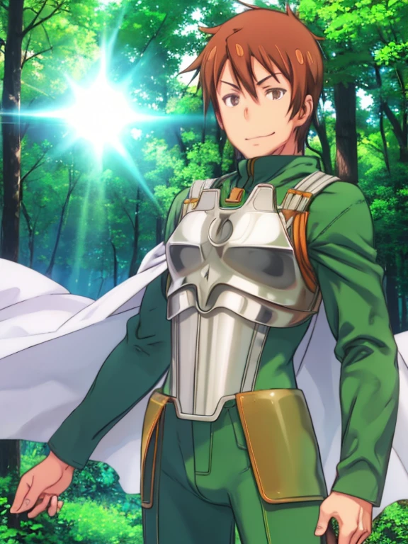 One Man、Lance、 Brown Hair、Brown eyes、smile, Grin, Break cape, armor, Bodysuits, green Bodysuits,  forest, nature, sun, null, cloud,  (Cowboy Shot:1.5)、Upper Body、