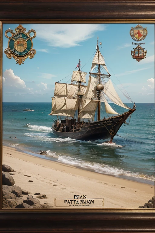 Patani State map, pint point, thailand, old style map 1600 ad, poster painting, small picture in small frame of siamese soldier, few old ship,
