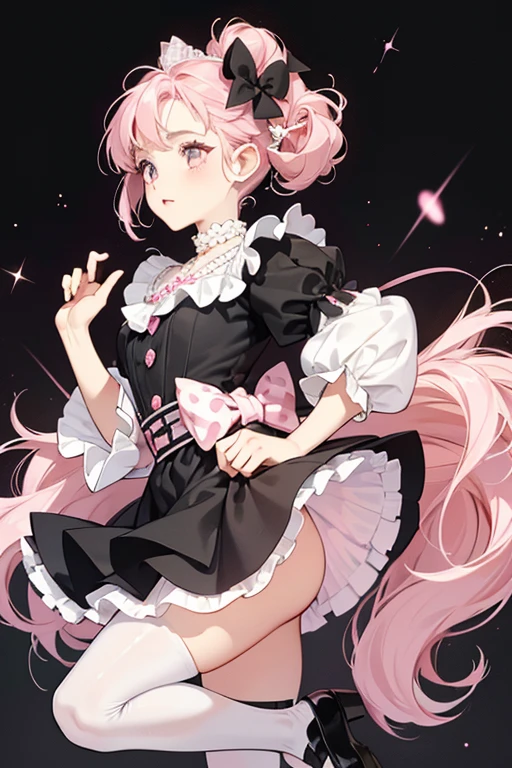 Cherie is fair-skinned with black button eyes and pale pink cheeks. She has very curly, pale pink hair pulled into low ponytails held by a small black bow. At the top of her head is a large black bow with a small amount of hair pulled up.
She wears a white fluffy top with ruffled sleeves in three layers made of pink tulle and a tutu skirt with a pale pink polka-dot pattern. She wears black shoes with white socks and a pair of pale pink tights. Around her neck is a three layer pearl necklace with a hot pink bow on the left side. SPARKLE; GLITTER;