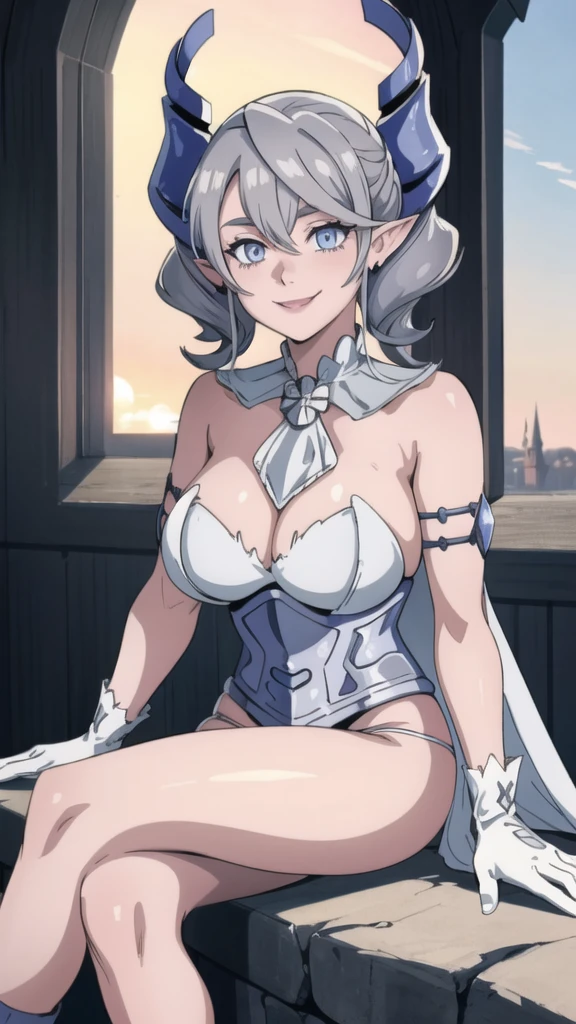 Beautiful arts wallpaper Sunset Outside castle top High level image quality best image quality 8K adult woman silver castle outside more colors whole body view portrait bikini blue horn ears short hair((shortcut)(gray hair)(perm)(fluffy)) eye color is blue , , attractive evil face , smile , heroic stance , labrynth , barearm ,gloves , wearing pink , sitting ,