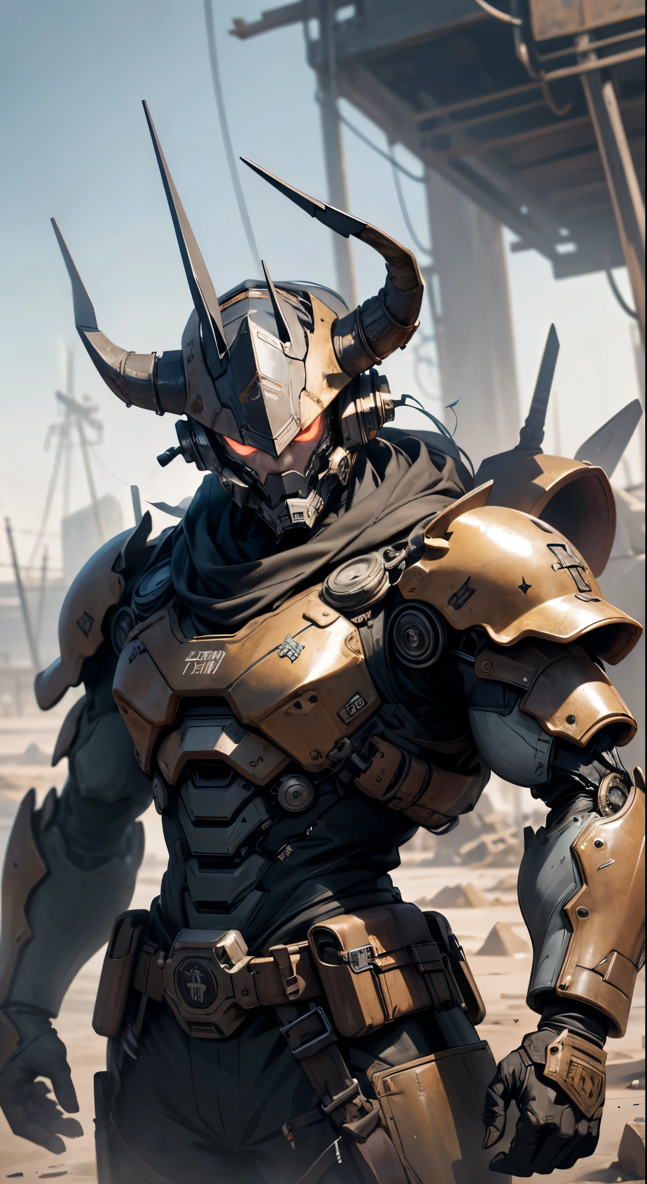 Breathtaking 4K 16:9 images are、Set in a desolate wasteland where survivors are overwhelmed by a robot army、A dark steampunk fantasy。At the center of the scene is the、A rugged man in heavy armor decorated with intricate golden patterns、Wearing a unique hat。The man、A legendary gunslinger with a scarred, horned face who strikes fear into the hearts of his enemies.、"pig"Nothing but。 pigと謎の女性がそびえ立つロボットの間を勇敢に歩いていると、Swarms of armed drones circle overhead.、
