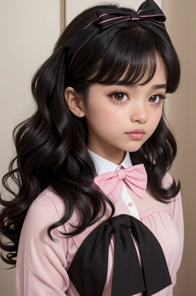 Fashion photography of children, pink dress, strong sense of design, medium shot, 8--old l, Chinese little long hair, hair accessories, delicate skin, cute and lively, cartoon background, high texture, backlight, professional studio light
