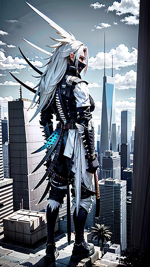 Create an image featuring a character with spiky white hair and on their arm, standing on the edge of a skyscraper, looking out over a cityscape where large fantastical creatures roam among the buildings.katana back .