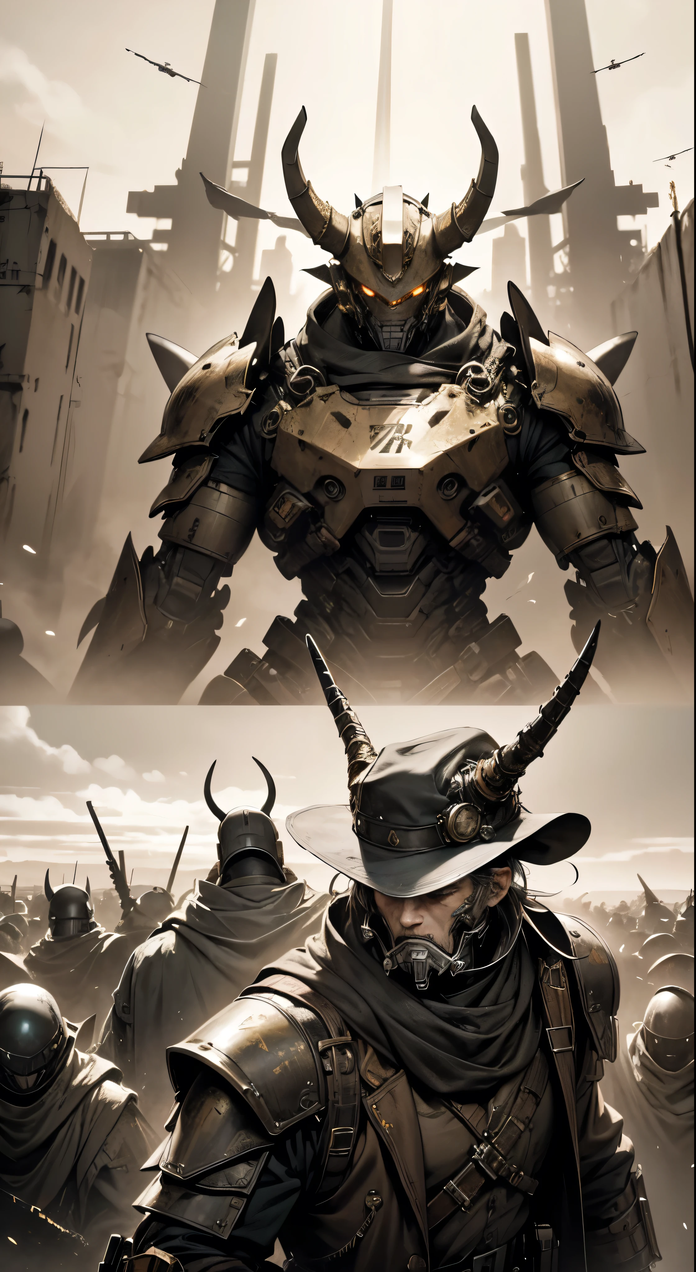 Breathtaking 4K 16:9 images are、Set in a desolate wasteland where survivors are overwhelmed by a robot army、A dark steampunk fantasy。At the center of the scene is the、A rugged man in heavy armor decorated with intricate golden patterns、Wearing a unique hat。The man、A legendary gunslinger with a scarred, horned face who strikes fear into the hearts of his enemies.、"pig"Nothing but。 pigと謎の女性がそびえ立つロボットの間