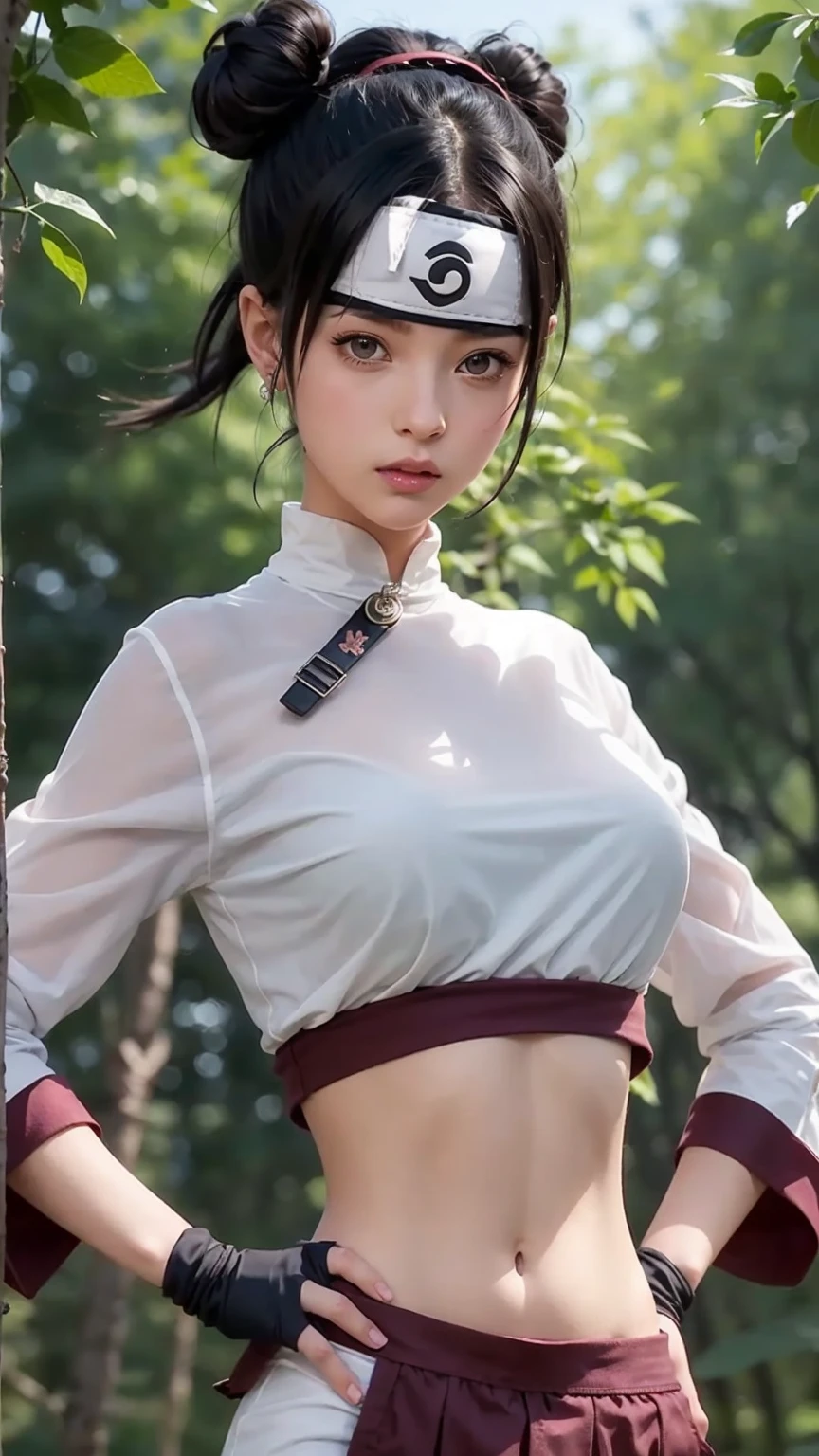 Tenten do anime Naruto \(Series\), naruto shippuuden, anime art style, work of art, An animated character with a ninja bandana with the symbol of Konohagakure. She has dark hair styled in two buns on top and a short ponytail at the back.. Her eyes are brown, and she has fair skin. She wears a loose white blouse with rolled up sleeves and brown bracelets., paired with dark red high-waisted pants. The character is standing next to a body of&#39;water with stones and foliage in the background, looking over his shoulder with a serene expression, breastsout, cosplay, realperson, real-life,, (ultra detaild), (8K, intricate), (85 mm), Light particles, lighting, whole body, (highy detailed:1.2), foco nos breastsout, (gradients), sfw, colorfully, (detailed back ground), (third party rule_composition:1.3), (Line of action:1.2), Day Light, standing alone