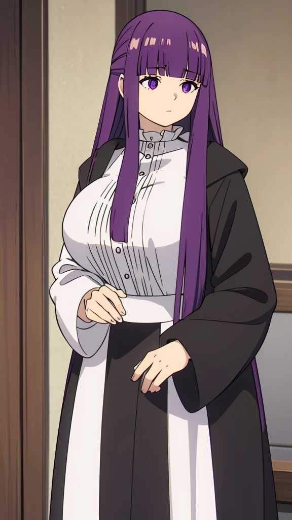 freirenFern, Fern, purple hair, long hair, purple eyes, dull bangs, side lock, half up hair, bright pupils, (big breasts, 1 girl), Ruffled collar, black robe, white dress, center ruffle, button, wide sleeve, long sleeve, crooked, Ruffled collar, BREAK&#39;s masterpiece, highest quality, High resolution, 8K, official art, super resolution, very detailed and beautiful, very detailed, Incredibly detailed, very detailed美しい***, very detailed顔, very detailed目, very detailed肌, very detailed指, very detailed鼻, very knowledgeable mouth, Perfect Anatomy BREAK Full Body Shot, look down, Pray BREAK HILL, nature, forest, very detailed CG unity 16k, Very detailed 16KCG wallpaper
