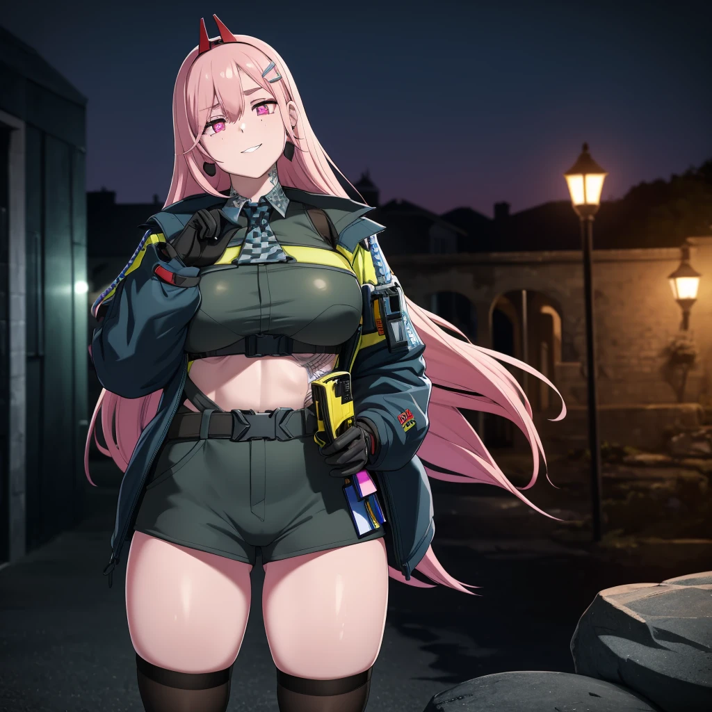 A woman wearing a black military shirt, with military camouflage, long sleeves, black shorts with military camouflage, green arm band, pink hair, long hair, hot pink eyes, black boots, muscular, large breasts, at a high point of a rock, smiling, standing upright, with a view of the big city, place at night, lighting in place.,(woman alone),UHD , prime work , accurate , anatomically correct , textured skin , super details , high quality , best quality, 8k, high resolution, bokeh effect,

