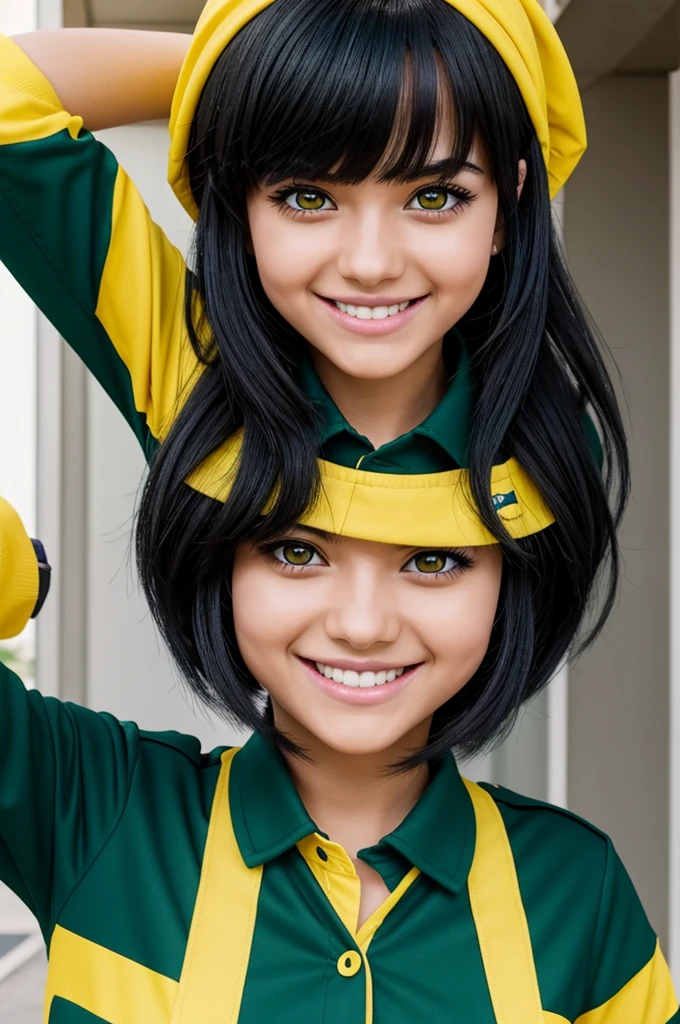 Screenshot of my hero academia Girl with straight black hair with yellow tips green eyes with cheerful spexion bangs with a heart boche in her hair and UA uniform