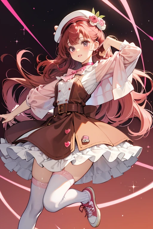 Choco Whirl Swirl is a fair skinned girl with soft pink cheeks and typical black eyes. She has red hair with curvy bangs and a few loose curls worn with pale pink bows. She has two very tiny cowlicks on the top of her head and multiple, uneven curls of hair. She wears a chocolate pudding shaped hat with dollop of cream on top.
Choco wears a brown dress with magenta markings at the top of the skirt and collar, along with a peach-pink belt and small red circles decorating the hem line of her skirt. She also has pink stockings and red tennis shoes with white laces and short, very pale pink socks. SPARKLE; GLITTER;