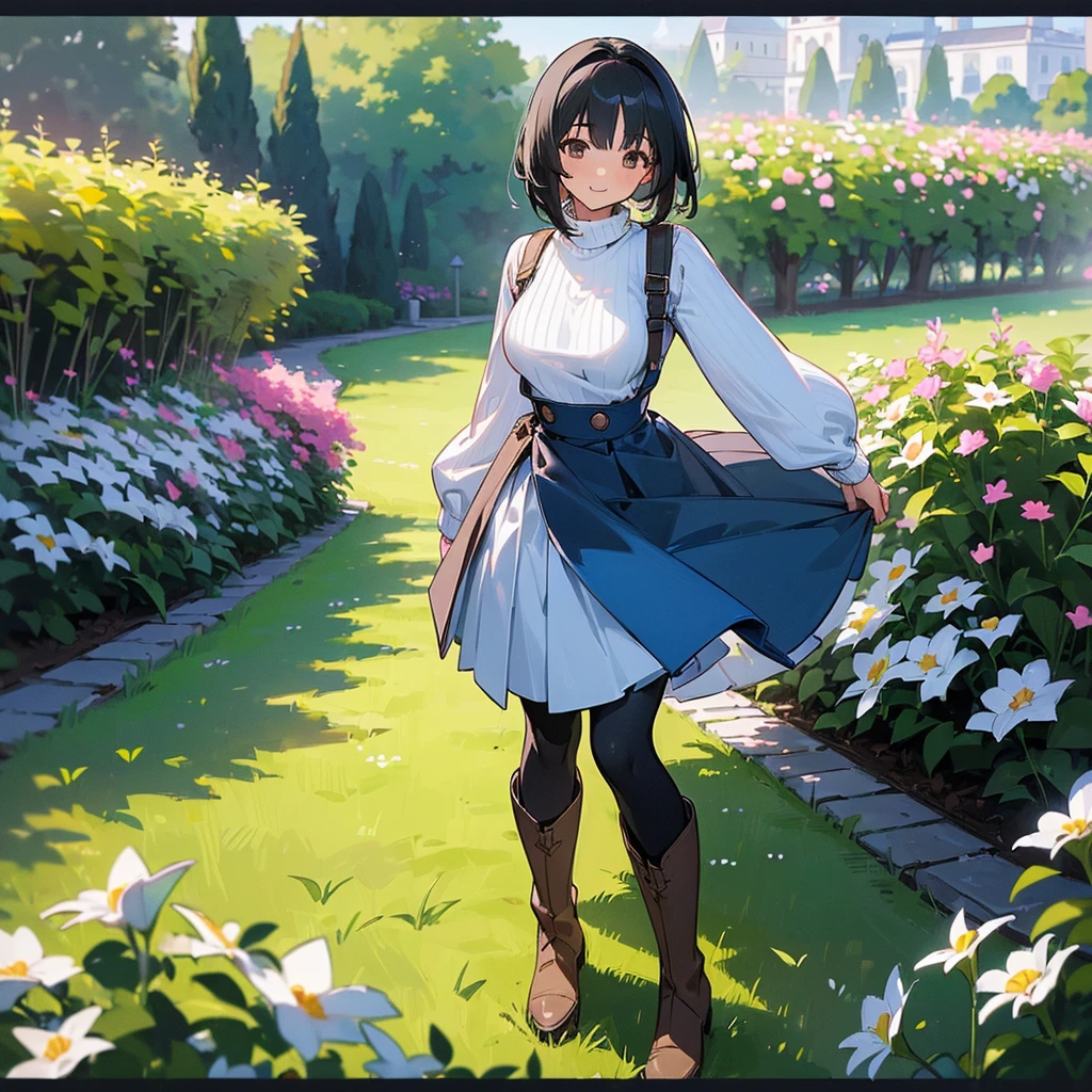 (high quality, High resolution, Very detailed, reality:1.37), Peaceful atmosphere, (Outdoor, garden),  girl standing alone, (my breasts are big.), Beautiful details, Cute Smile, (Black bob hair), Ribbed sweater, Blue Skirt, Black tights, Brown boots.