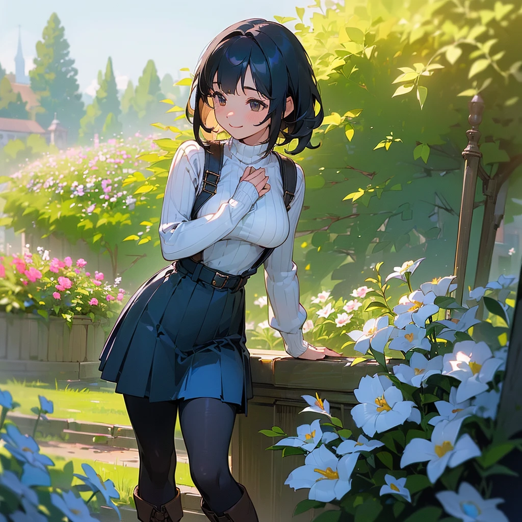 (high quality, High resolution, Very detailed, reality:1.37), Peaceful atmosphere, (Outdoor, garden),  girl standing alone, (my breasts are big.), Beautiful details, Cute Smile, (Black bob hair), Ribbed sweater, Blue Skirt, Black tights, Brown boots.