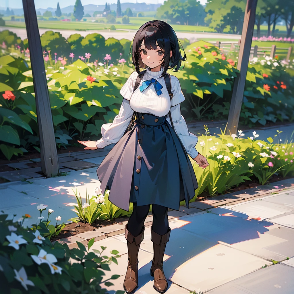 (high quality, High resolution, Very detailed, reality:1.37), Peaceful atmosphere, (Outdoor, garden), girl standing alone, (my breasts are big.), Beautiful details, Cute Smile, (Black bob hair), Ribbed sweater, Blue Skirt, Black tights, Brown boots.