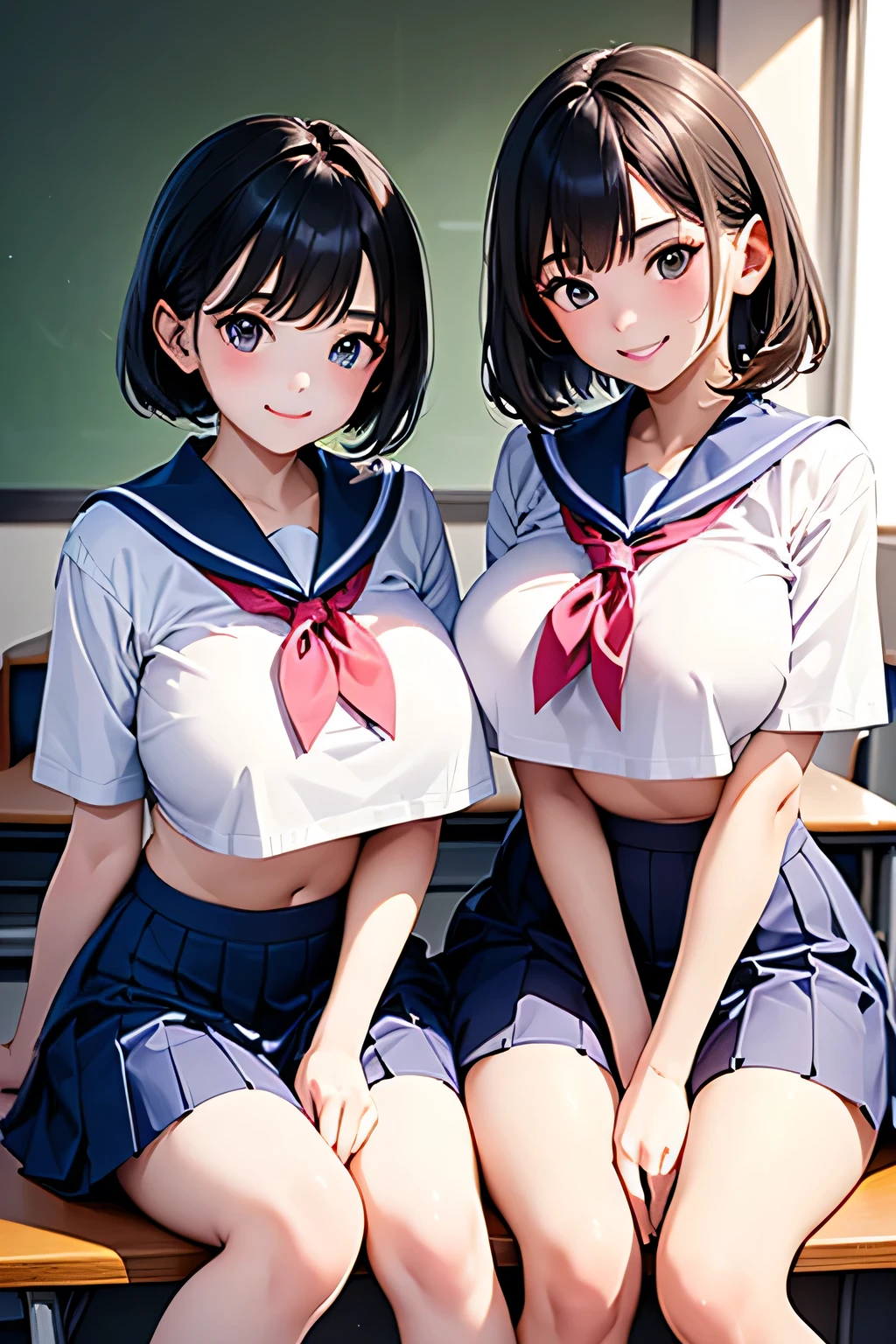 Highest quality、High resolution、Detailed Background、(Beautiful face in every detail:1.4)、Anatomically correct、(Detailed facial expressions)、
Teenage beauty、(Highly detailed face:1.2)、(????????????:1.2)、cute hair color、Bobcut、ponytail、cute hairstyle、Attractive Big ????、Perfect body line、well-groomed eyebrows、cute gesture、

(Two beautiful girls sitting at a desk in a classroom with big smiles:1.5)、

Navy blue sailor suit、White sailor collar、Pleated mini skirt、White Stockings、
Under the skirt、Under the skirt、(close-up ????????? From below)、From below、Are standing、
????、????? shot、(underboob:1.3)、(????? Shot:1.3)、cute