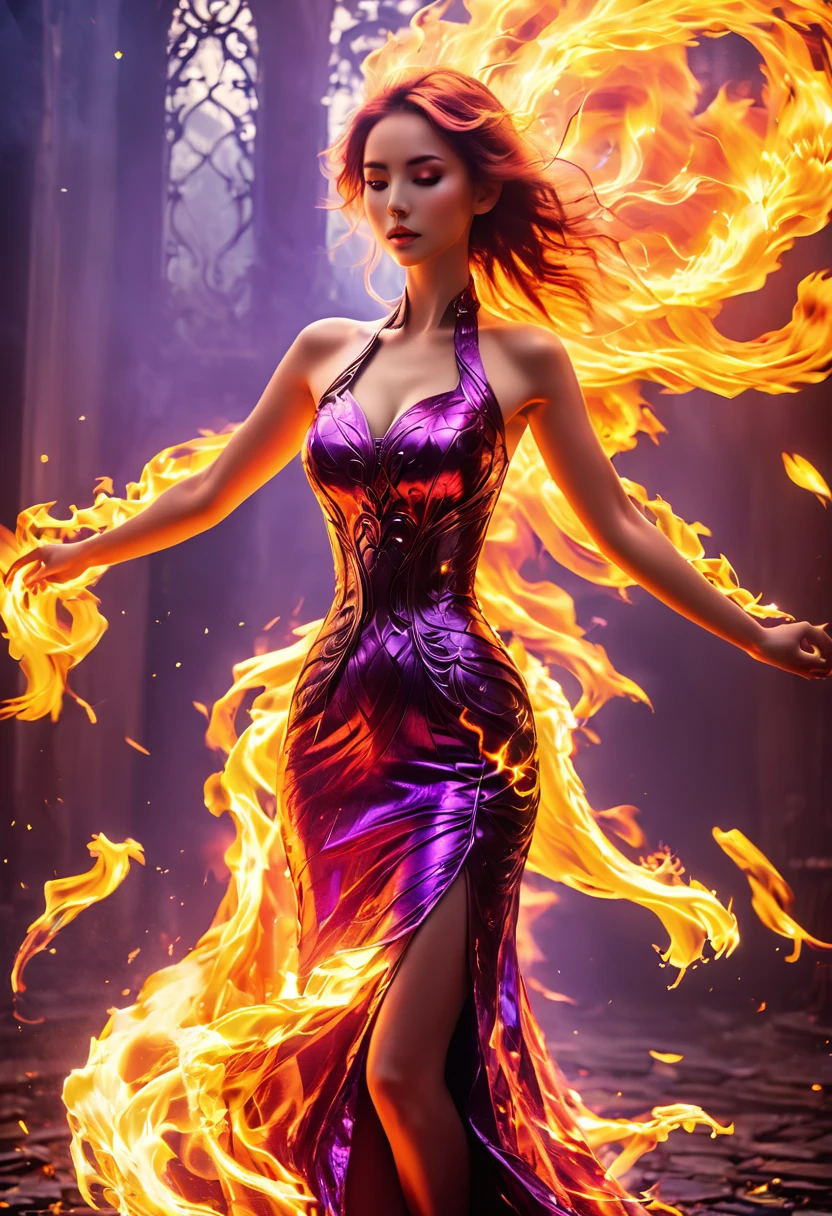 masterpiece, Best quality at best, A high resolution, (Flame/firey焰/loimu，dynamic scene:1.3)，a girl standing in fire，firestorm, on fire, strange fantasy images, great skin texture，Magic Array, Cast spells, fanciful, Purple power, strength, firey, meteors,